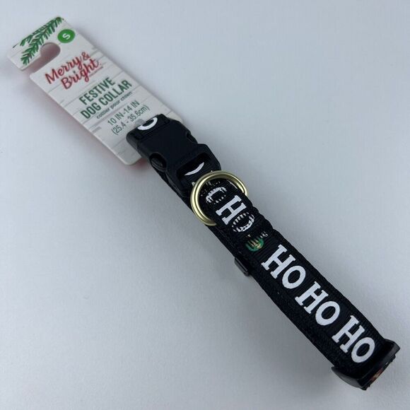 Merry & Bright Adjustable Holiday Themed Dog Collar.  “Ho Ho Ho” Black Size S - Picture 1 of 4